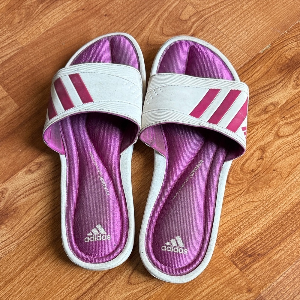 Adidas Women's Pink and White Slide Sandals Sporty Size 9 Logo Used Slip On